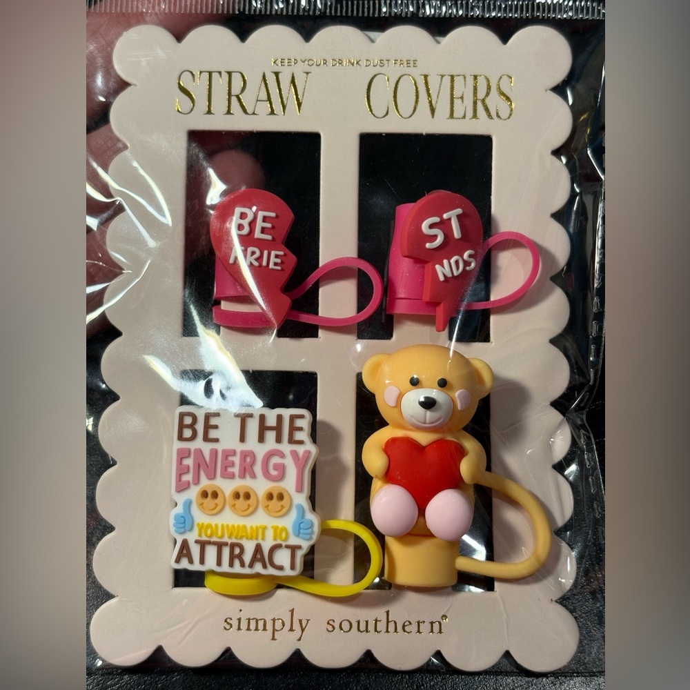 Simply Southern Pink and Yellow Straw Covers with Bear and Heart